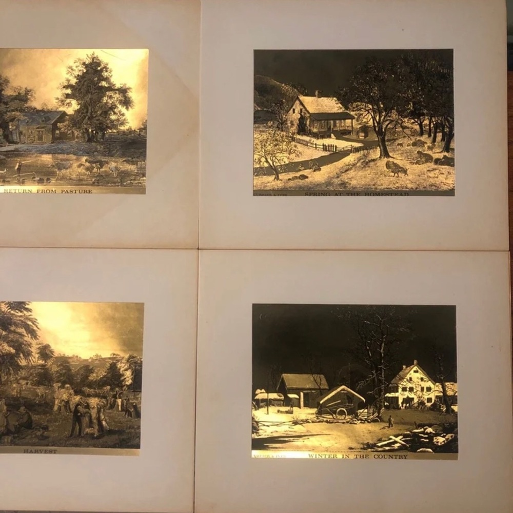 Currier & Ives (4 set) gold folio prints, Antique